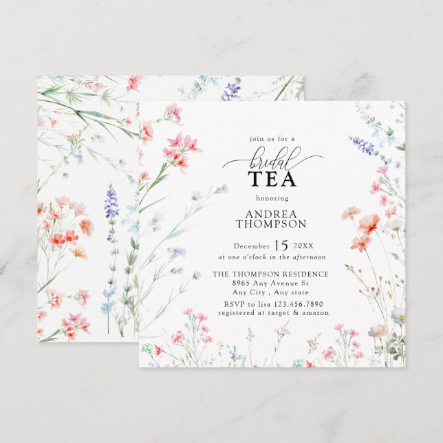 Elegant Boho Wildflower Floral Bridal Tea Invitation (Front/Back)