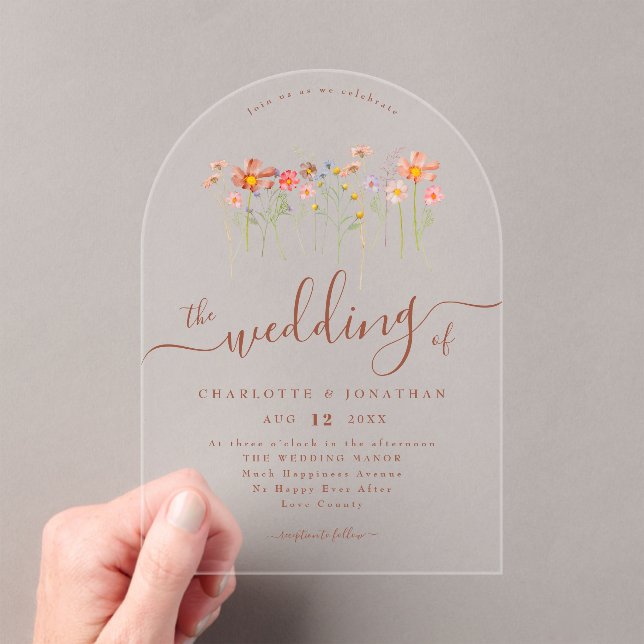 Elegant Boho Wildflower Floral Terracotta Wedding Acrylic Invitations (Insitu (Handheld))