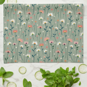 Elegant Boho Wildflower Garden Sage Green Tea Towel