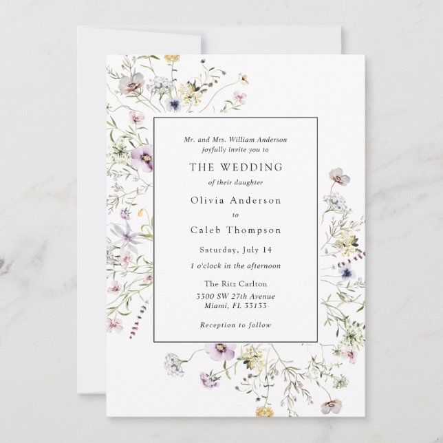 Elegant Boho Wildflower Greenery Frame Wedding Inv Invitation (Front)