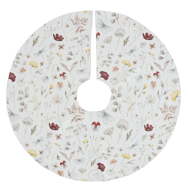 Elegant Boho Wildflower Greenery Leaves  Brushed Polyester Tree Skirt (Front)