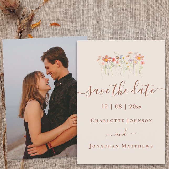 Elegant Boho Wildflower Meadow Photo Wedding Save The Date (Elegant boho Wildflower meadow beige terracotta photo Wedding save the date card)