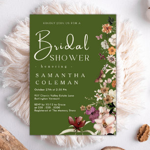 Elegant Boho Wildflower Moss Green Bridal Shower Invitation