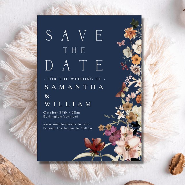 Elegant Boho Wildflower Navy Blue Save The Date Invitation (Creator Uploaded)