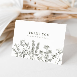 Elegant Boho Wildflower Olive Green Wedding Thank You Card