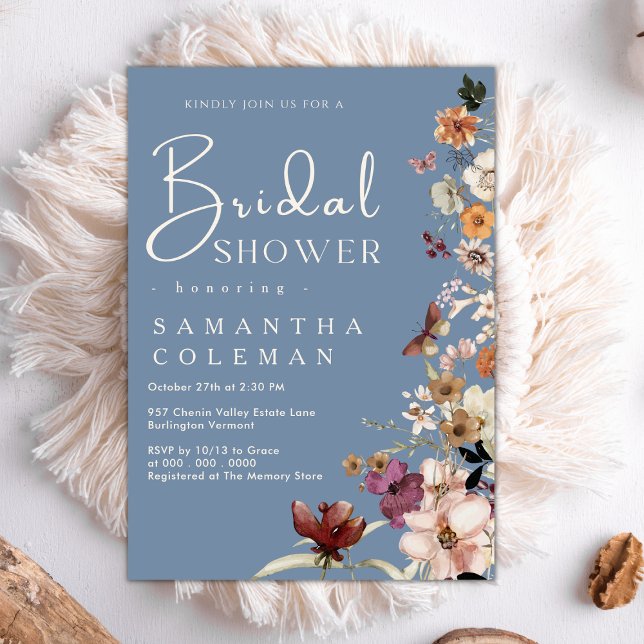 Elegant Boho Wildflower Periwinkle Bridal Shower Invitation (Creator Uploaded)