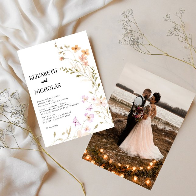 Elegant Boho Wildflower Photo Casual  Wedding  Invitation (Creator Uploaded)
