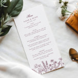Elegant Boho Wildflower Purple Burgundy Wedding Menu<br><div class="desc">Elevate your special day with our stunning Boho Wildflower Wedding Menu, exquisitely designed to complement your romantic celebration. This menu features a delicate arrangement of hand-painted wildflowers in shades of purple and burgundy, creating an enchanting botanical vibe that captures the essence of boho elegance. The rich colour palette harmonises with...</div>