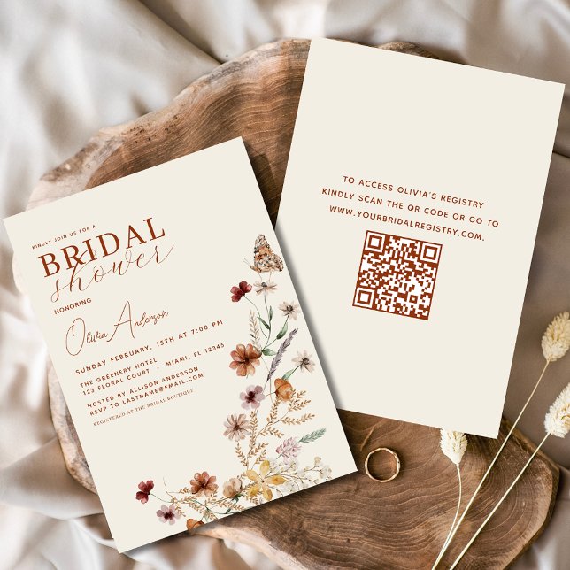 Elegant Boho Wildflower QR Code Bridal Shower Invitation (Creator Uploaded)