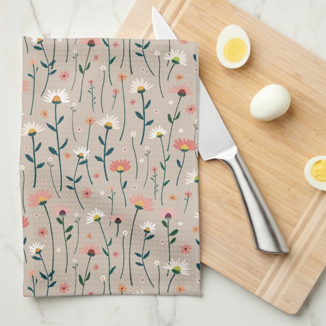 Elegant Boho Wildflower Summer Garden Taupe  Tea Towel (Quarter Fold)