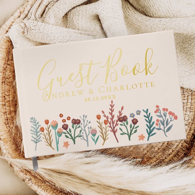 Elegant Boho Wildflower Wedding Gold Guest Book (Creator Uploaded)