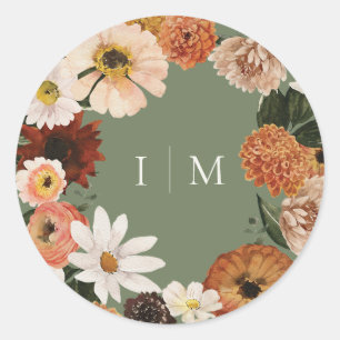 Elegant Boho Wildflower Wedding Monogram Classic Round Sticker