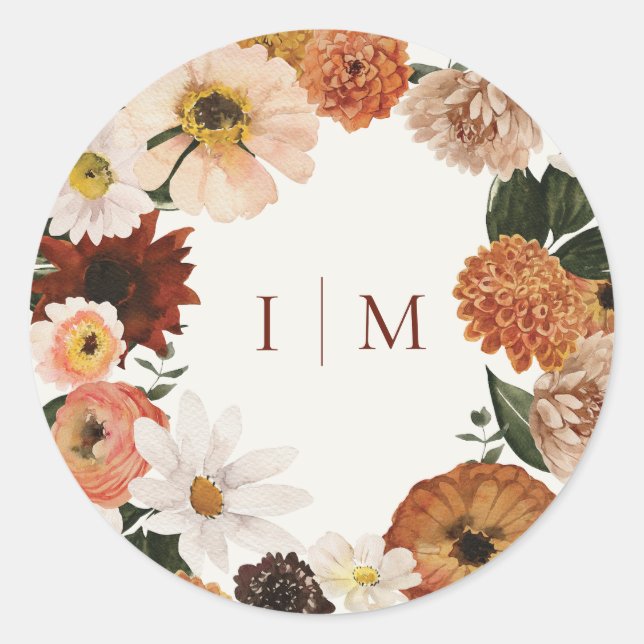 Elegant Boho Wildflower Wedding Monogram Classic Round Sticker (Front)