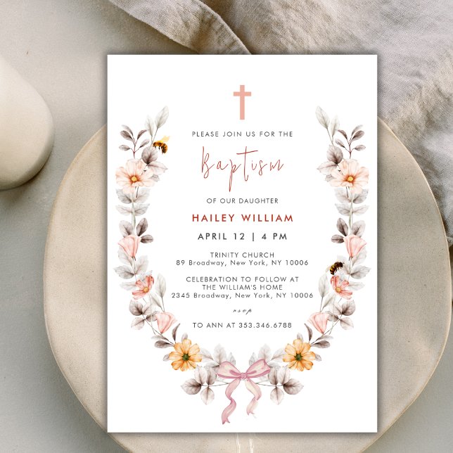 Elegant Boho Wildflower Wreath Girl Baptism Invitation (Elegant Boho Wildflower Wreath Girl Baptism Invitation)