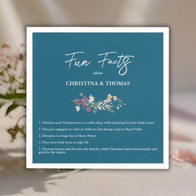 Elegant Boho Wildflowers Blue Fun Facts Wedding Napkin (Creator Uploaded)