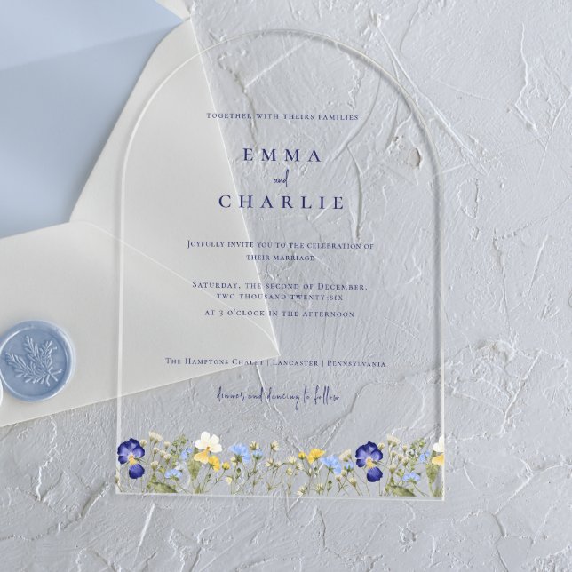 Elegant Boho Wildflowers blue Script Wedding Acryl Acrylic Invitations (Creator Uploaded)