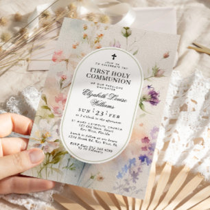 Elegant Boho Wildflowers First Holy Communion Invitation