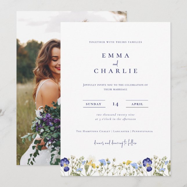 Elegant Boho Wildflowers Photo Wedding Invitation (Front/Back)
