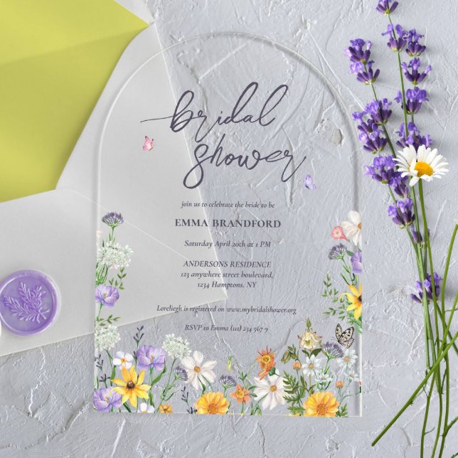 Elegant Boho wildflowers Script Bridal shower Acrylic Invitations (Creator Uploaded)