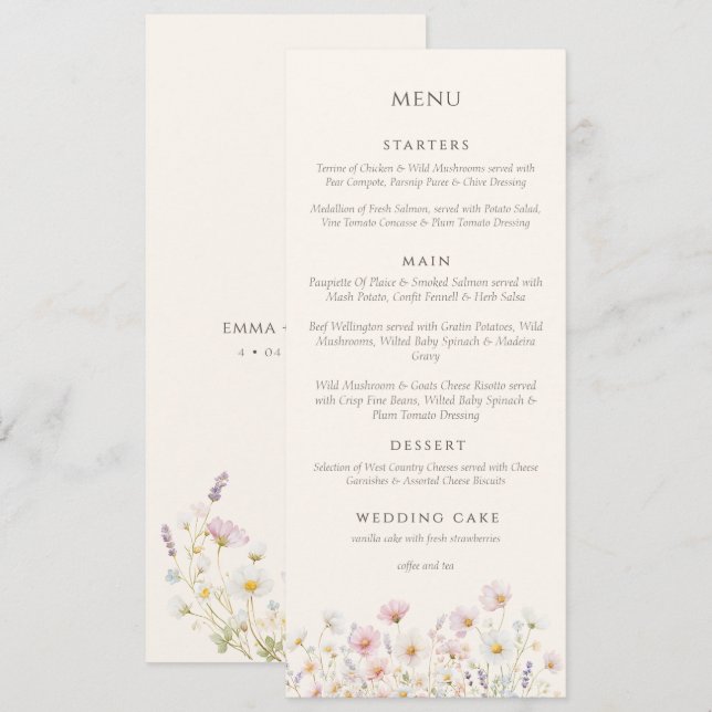 Elegant Boho wildflowers Script Wedding  Menu (Front/Back)