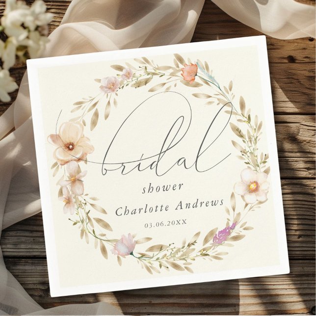 Elegant, boho wreath, handwriting Bridal Shower Napkin (Personalized, elegant, boho wreath, handwriting Bridal Shower Napkins)