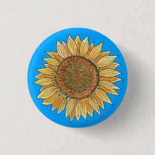 Elegant Boho Yellow and Blue Watercolor Sunflower  3 Cm Round Badge