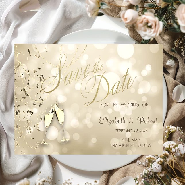 Elegant Bokeh,Confetti Wine Glasses Wedding Save The Date (Creator Uploaded)