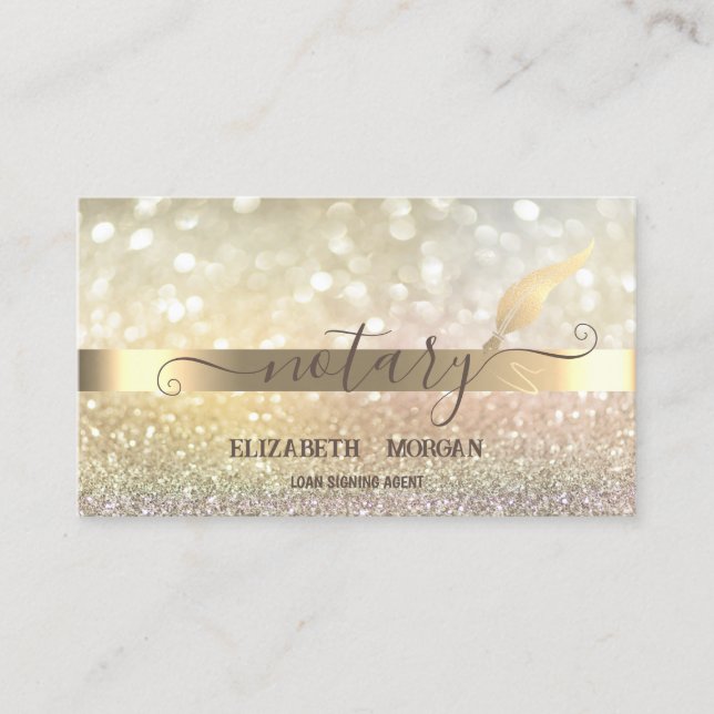 Elegant Bokeh Gold Feather Notary  Business Card (Front)