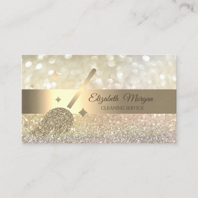 Elegant Bokeh Gold Glitter Broom Business Card (Front)