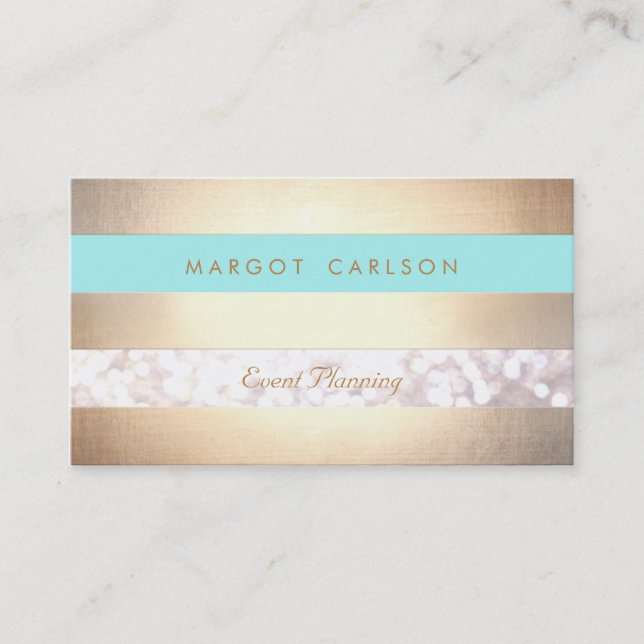 Elegant Bokeh Gold Striped Light Turquoise Chic Business Card (Front)