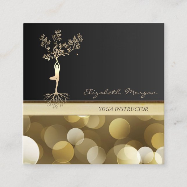 Elegant,Bokeh,Gold Tree Silhouette Square Business Card (Front)