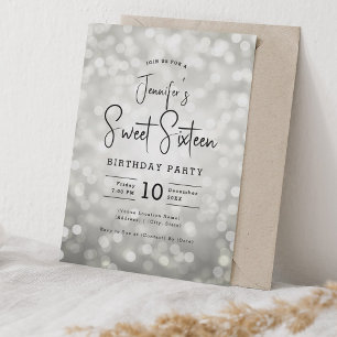 Elegant Bokeh Lights Modern Script Sweet 16 Silver Invitation