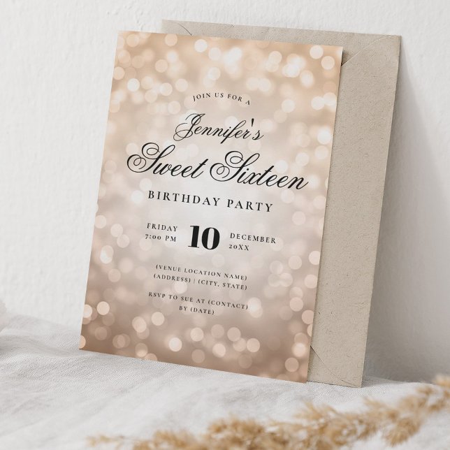 Elegant Bokeh Lights Script Sweet 16 Rose Gold Invitation (Elegant Bokeh Lights Script Sweet 16 Rose Gold Invitation)