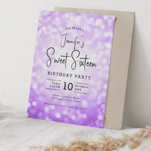 Elegant Bokeh Modern Script Sweet 16 Purple  Invitation