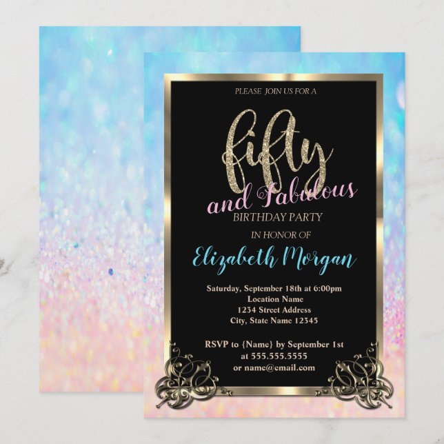 Elegant Bokeh Ombre Gold Frame 50th Birthday Party Invitation (Front/Back)