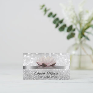 Elegant Bokeh Silver, Lotus Flower Yoga Instructor Business Card