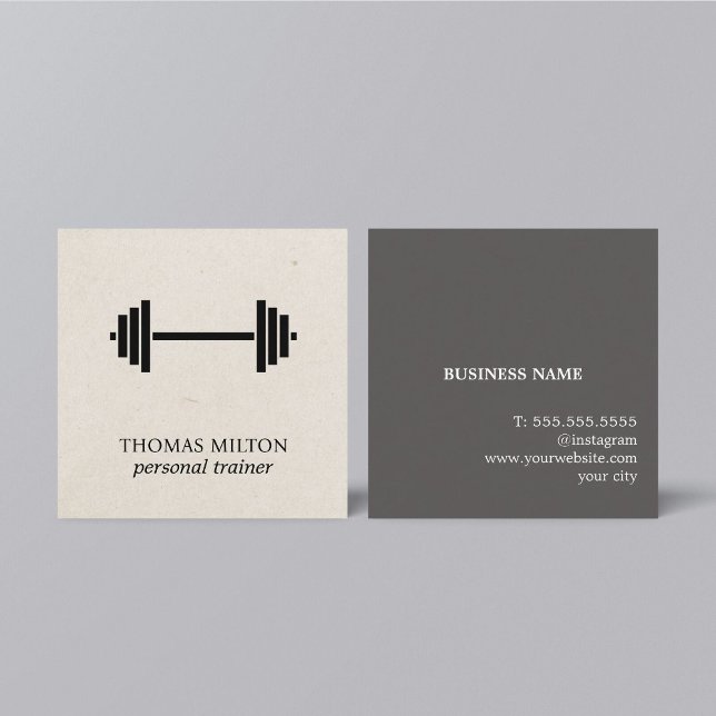 Elegant Bold Beige Paper Black Dumbbell Trainer Square Business Card (Creator Uploaded)