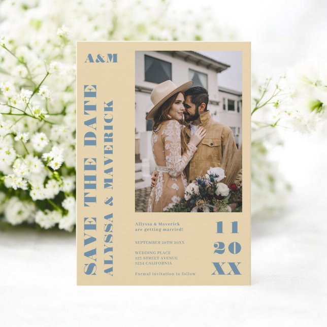 Elegant Bold blue yellow 2 photos wedding Save The Date (Elegant Bold blue yellow 2 photos wedding Save The Date)