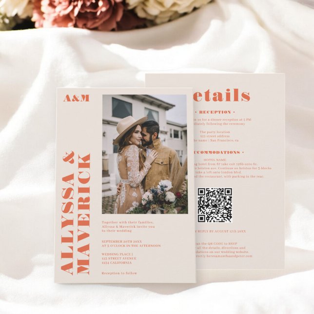 Elegant Bold boho orange photo wedding Invitation (Elegant Bold boho orange photo wedding Invitation)