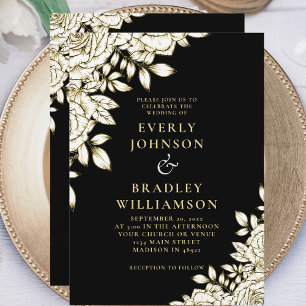 Elegant Bold Chic Black Gold Floral Photo Wedding Invitation