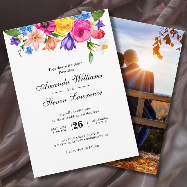 Elegant Bold Colorful Watercolor Floral wedding Invitation (Creator Uploaded)
