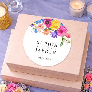 Elegant Bold Colourful Watercolor Floral wedding Classic Round Sticker
