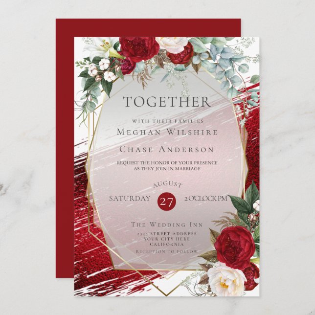 Elegant Bold Crimson Floral Foil Paint Stroke Invitation (Front/Back)