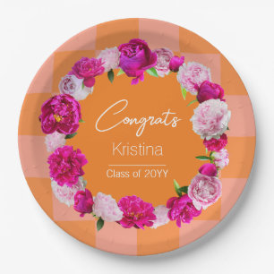 Elegant Bold Floral Orange & Pink Check Graduation Paper Plate