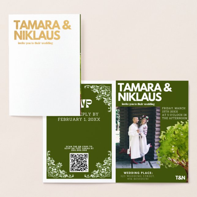 Elegant Bold Forest Green Slavic Photo Wedding Foil Card (Display)