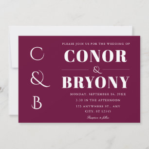 elegant bold names monogram burgundy wedding invitation