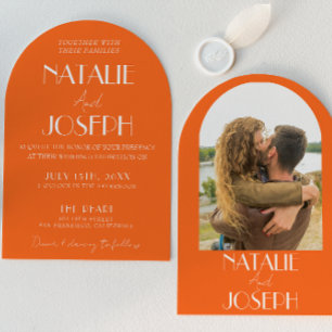 Elegant Bold Orange Retro Photo Arched Wedding Invitation