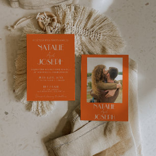 Elegant Bold Orange Stylish Retro Photo Wedding Invitation