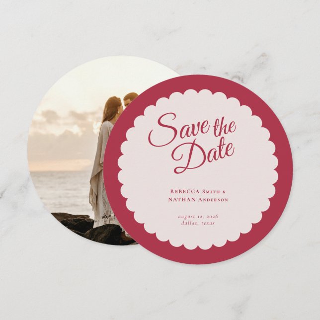 Elegant Bold Pink Script Scallop Wedding Photo Save The Date (Front/Back)