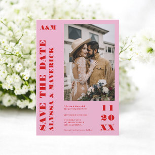 Elegant Bold Red magenta pink 2 photos wedding Save The Date